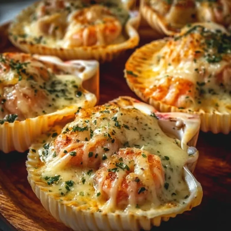 Plate of seafood stuffed shells baked in a creamy sauce