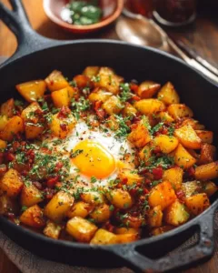 Skillet breakfast potatoes with herbs and spices in a frying pan