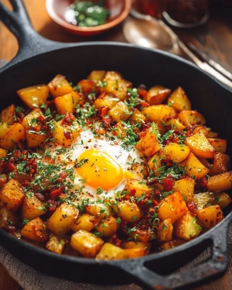 Skillet breakfast potatoes with herbs and spices in a frying pan