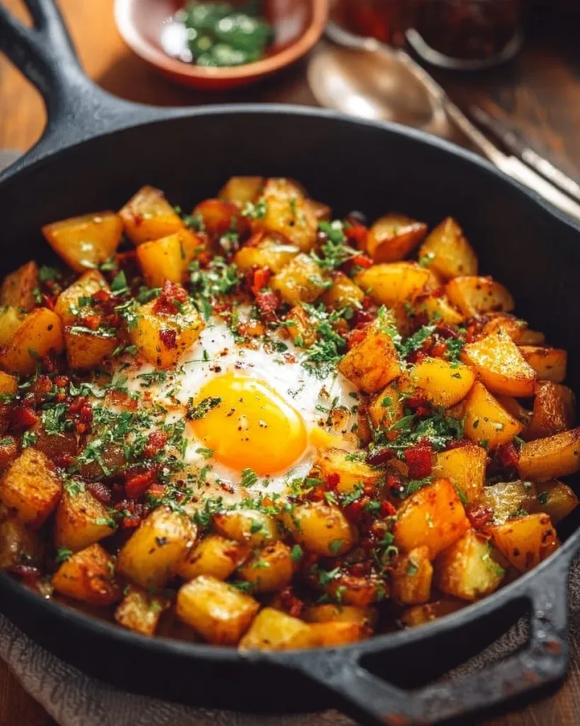 Skillet breakfast potatoes with herbs and spices in a frying pan
