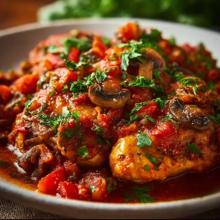Slow Cooker Chicken Cacciatore with bell peppers and tomatoes in a serving dish
