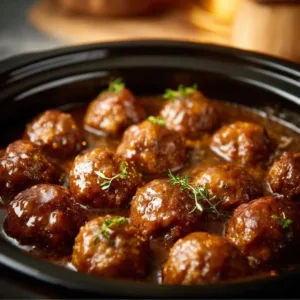 Slow cooker meatballs served in savory gravy dish
