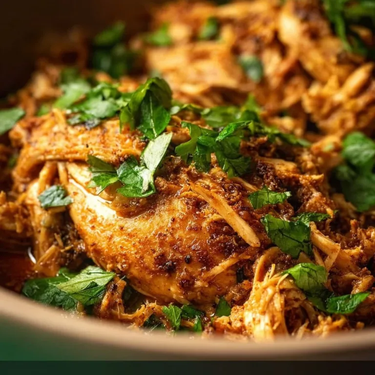 Delicious slow cooker pulled chicken served in a bowl with a side of barbecue sauce.