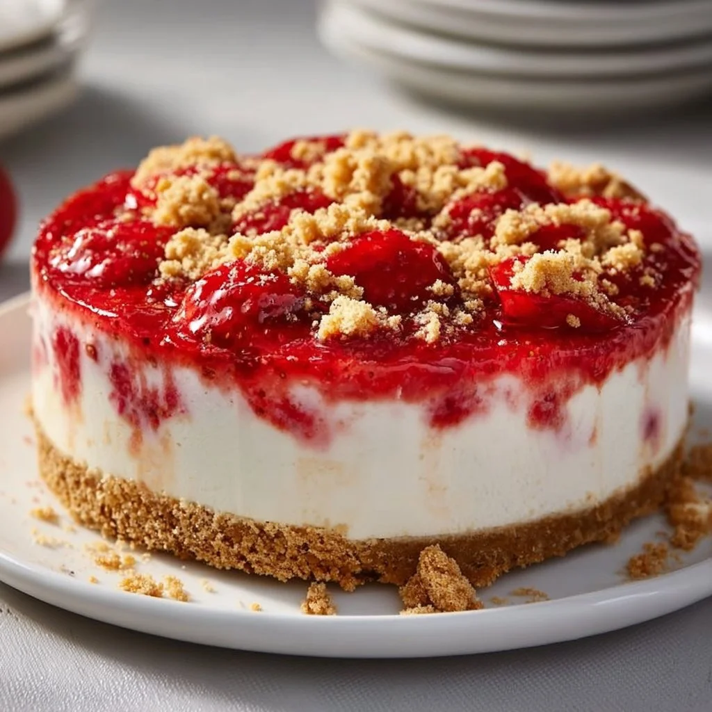 Delicious strawberry shortcake cheesecake topped with fresh strawberries and whipped cream.