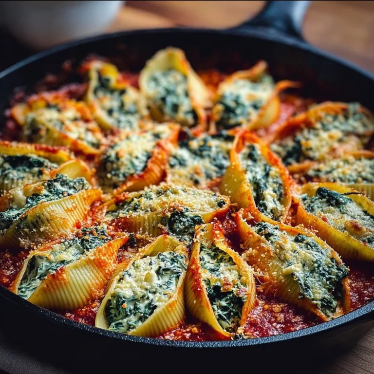 Spinach and ricotta stuffed shells topped with marinara sauce and cheese