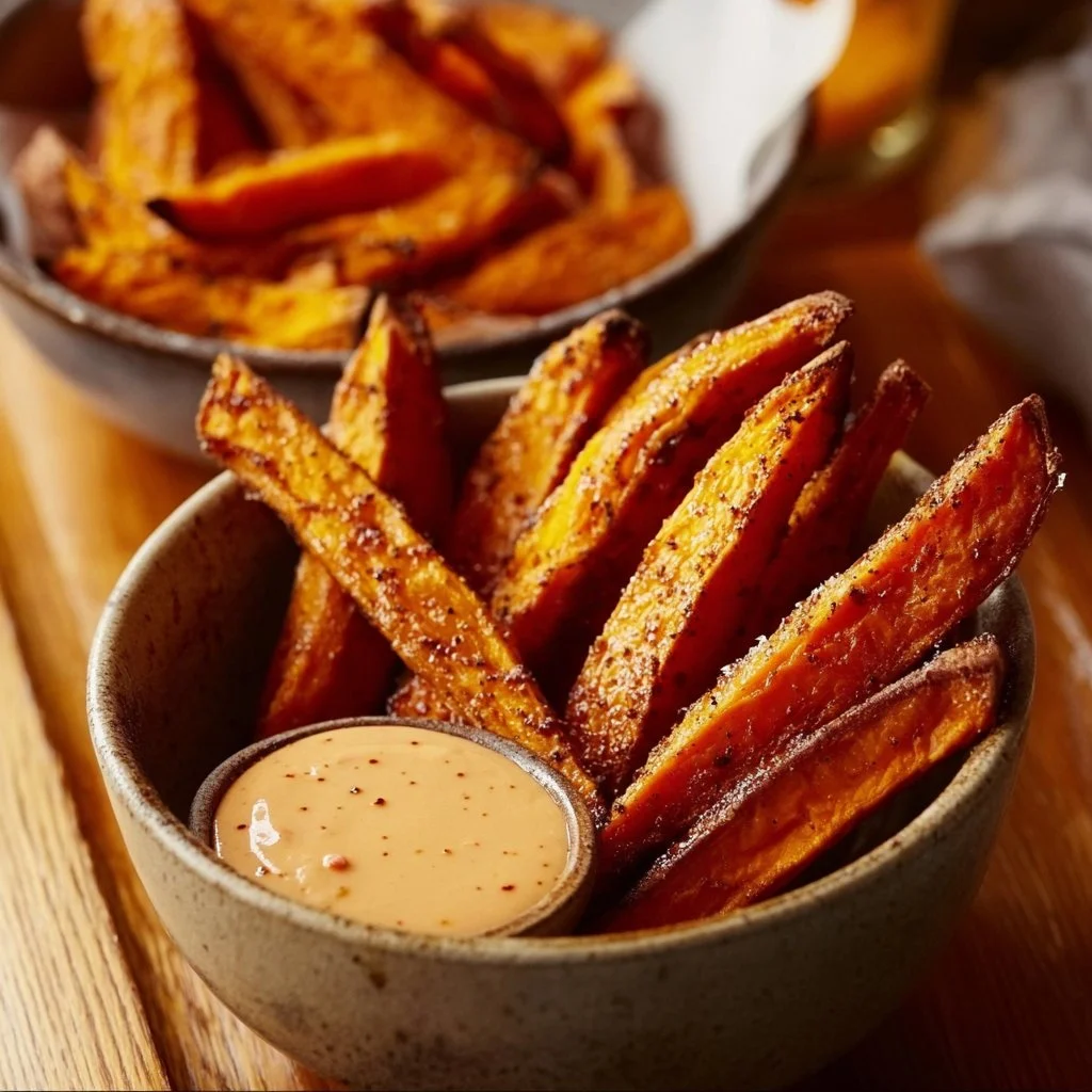 Sweet potato fries served with a spicy sriracha dipping sauce.