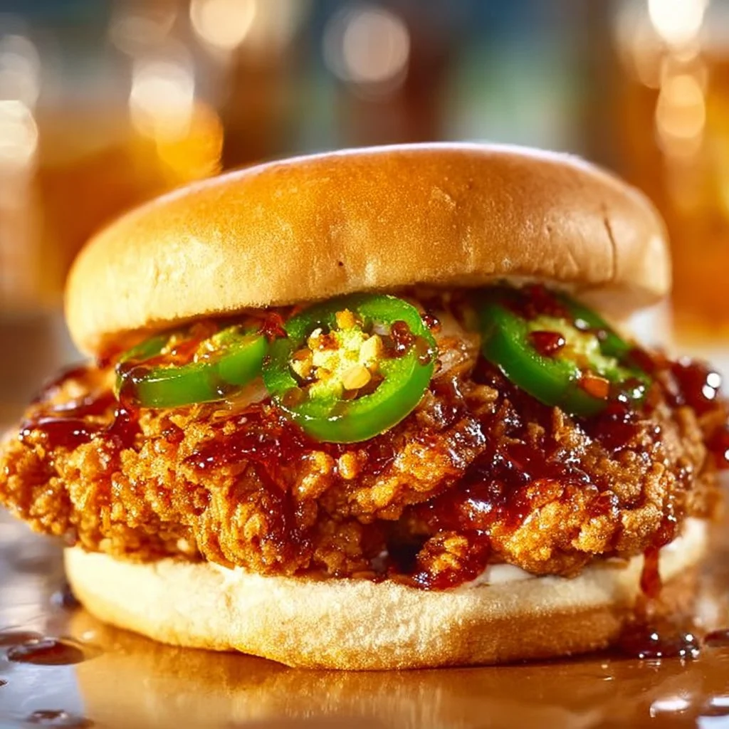 Sweet and spicy jalapeno honey chicken sandwich on a wooden plate