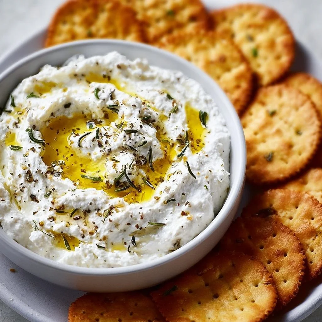 Tasty whipped feta appetizer spread on a rustic platter