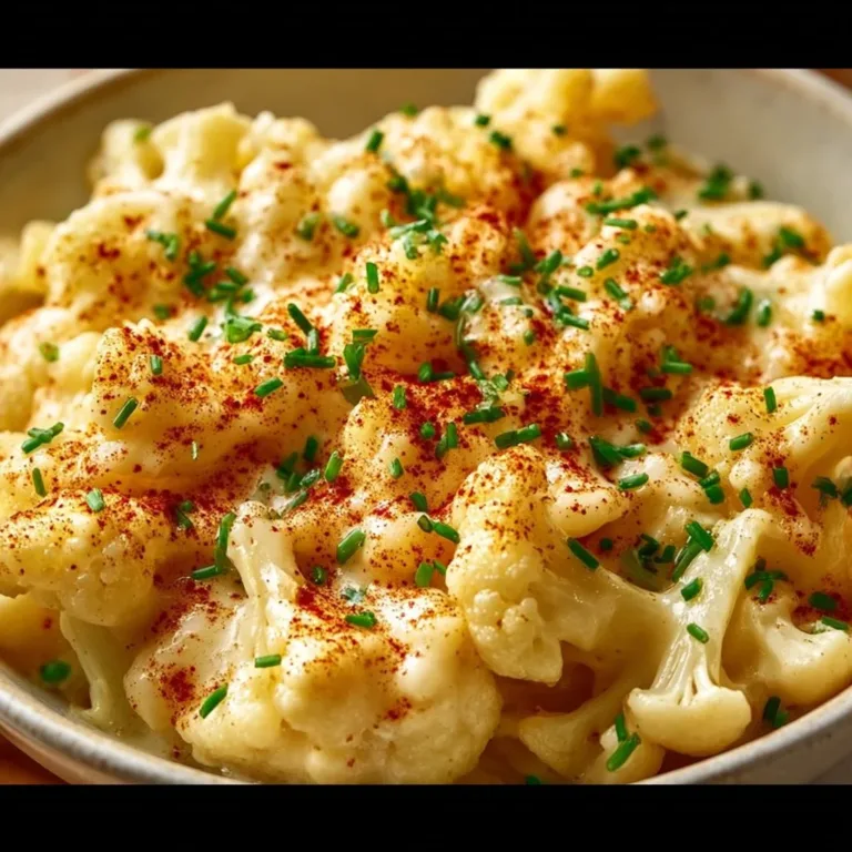 Creamy cauliflower mac and cheese dish topped with golden cheese crust