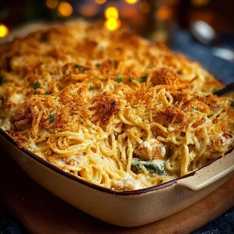 Delicious Monterey Chicken Spaghetti Casserole served in a dish