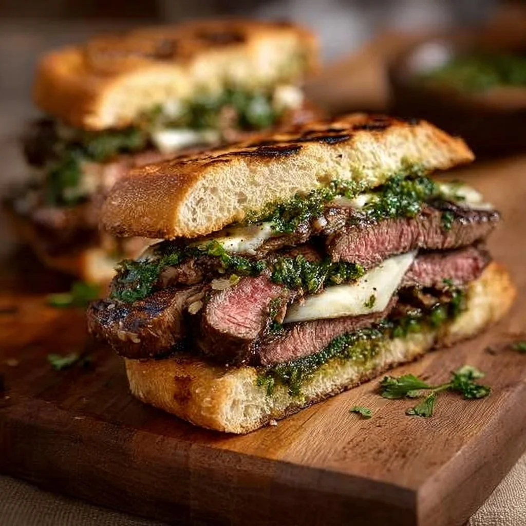 Delicious steak sandwich topped with chimichurri sauce on a rustic wooden table.