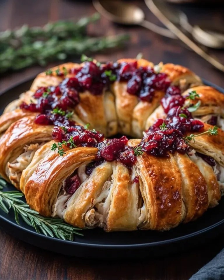 Turkey Cranberry Crescent Ring baked dish with flaky crescents and cranberry filling