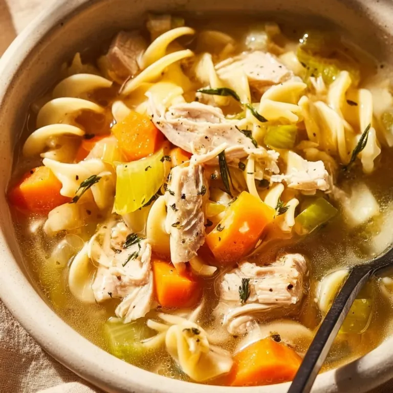 Bowl of delicious homemade Turkey Noodle Soup with vegetables and noodles