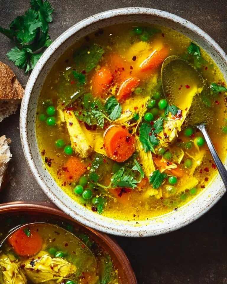 Delicious turmeric chicken soup garnished with fresh herbs in a bowl