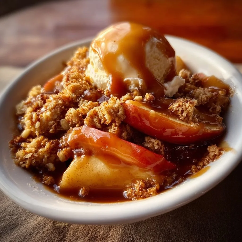 Warm Spiced Caramel Apple Crumble dessert with spiced apples and crumbly topping