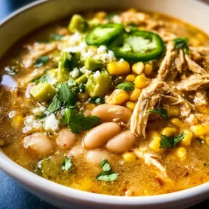 Delicious white bean chili with chicken served in a bowl.