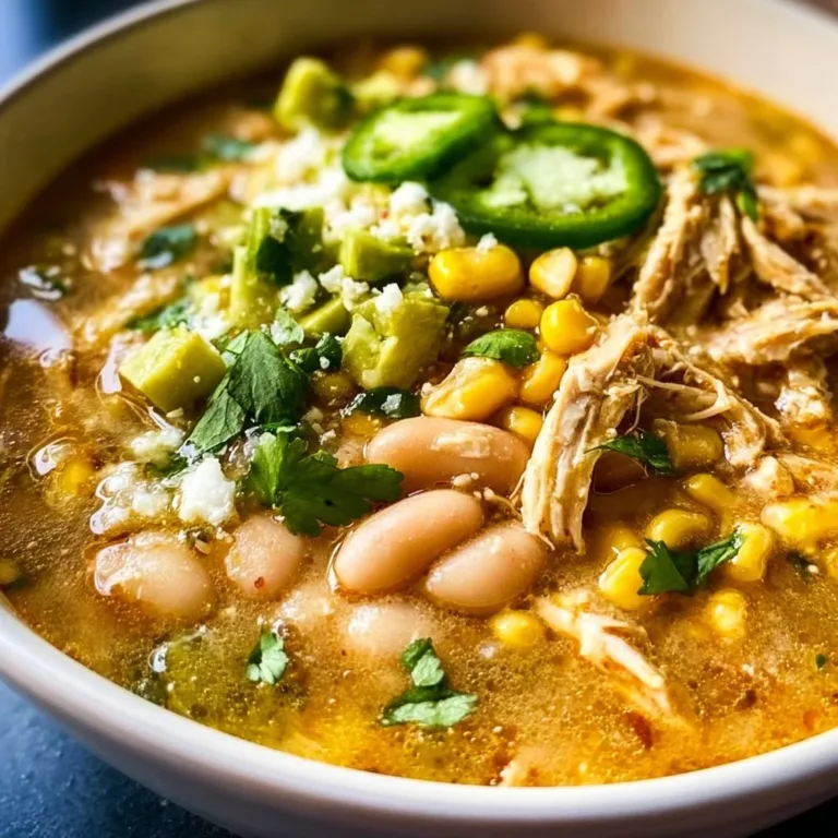 Delicious white bean chili with chicken served in a bowl.