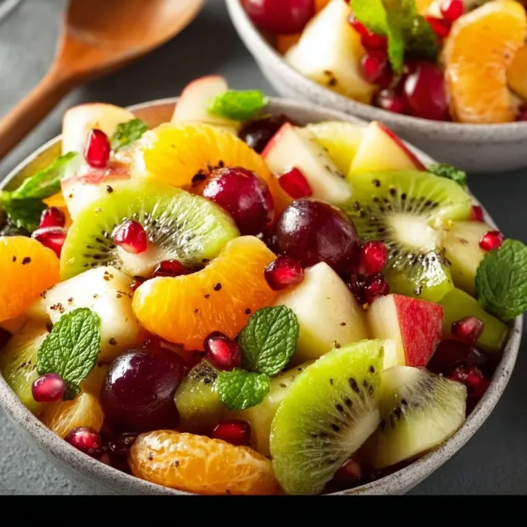 Colorful winter fruit salad with seasonal fruits and a fresh mint garnish