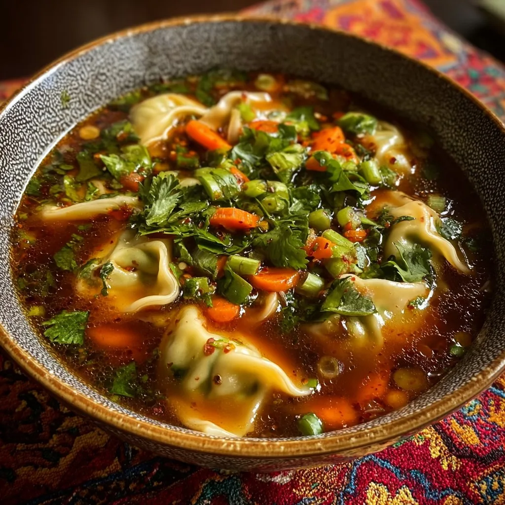 Savory Spicy Potsticker Soup with Fresh Vegetables