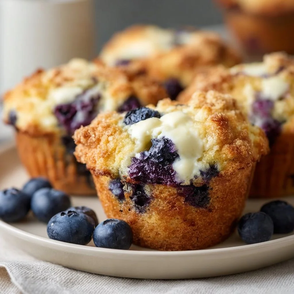 Blueberry cream cheese protein muffins on a plate ready to eat