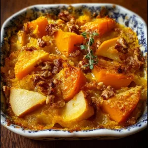Delicious butternut squash apple bake topped with cinnamon and nuts.