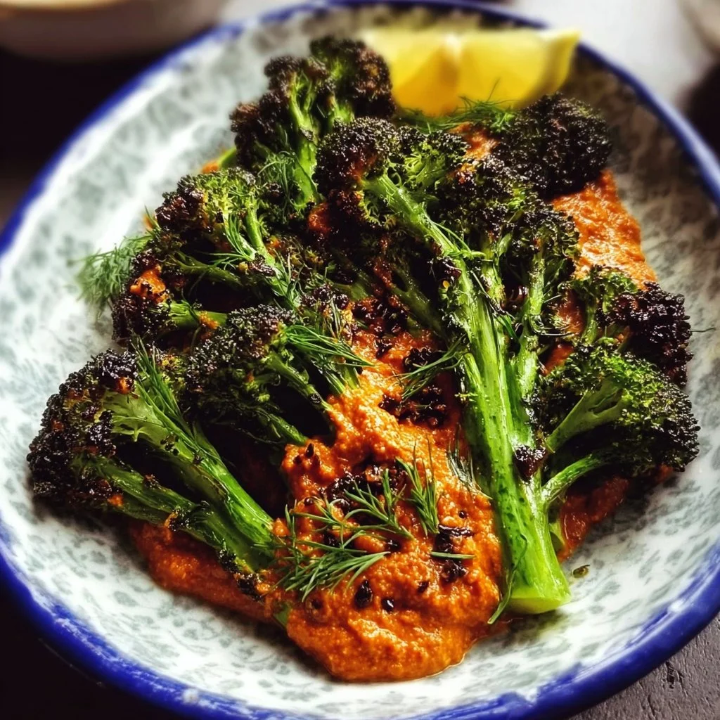 Plate of charred broccoli with hazelnut romesco sauce drizzled on top