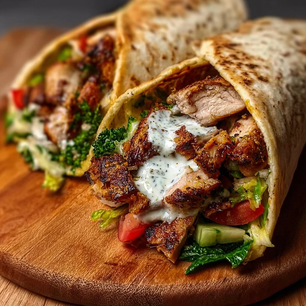 Delicious Chicken Shawarma wrap with fresh vegetables and sauce