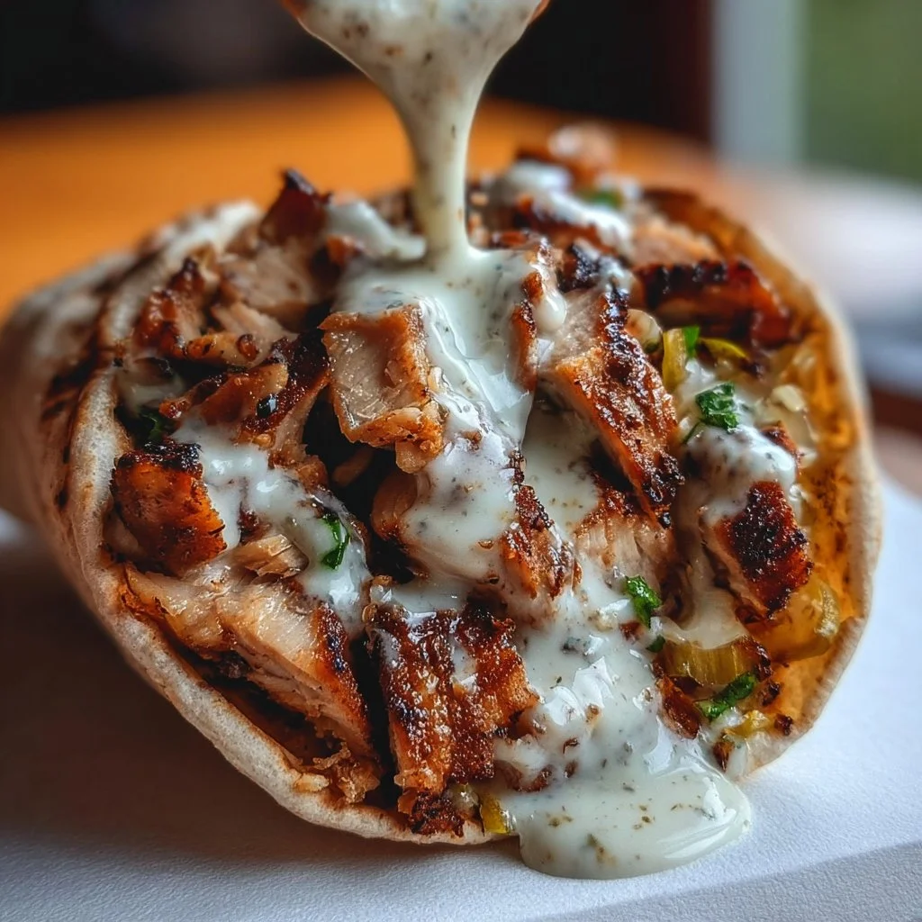 Plate of Chicken Shawarma topped with garlic sauce and fresh vegetables