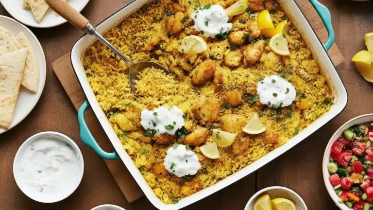 Chicken Tzatziki served over fluffy rice with fresh herbs