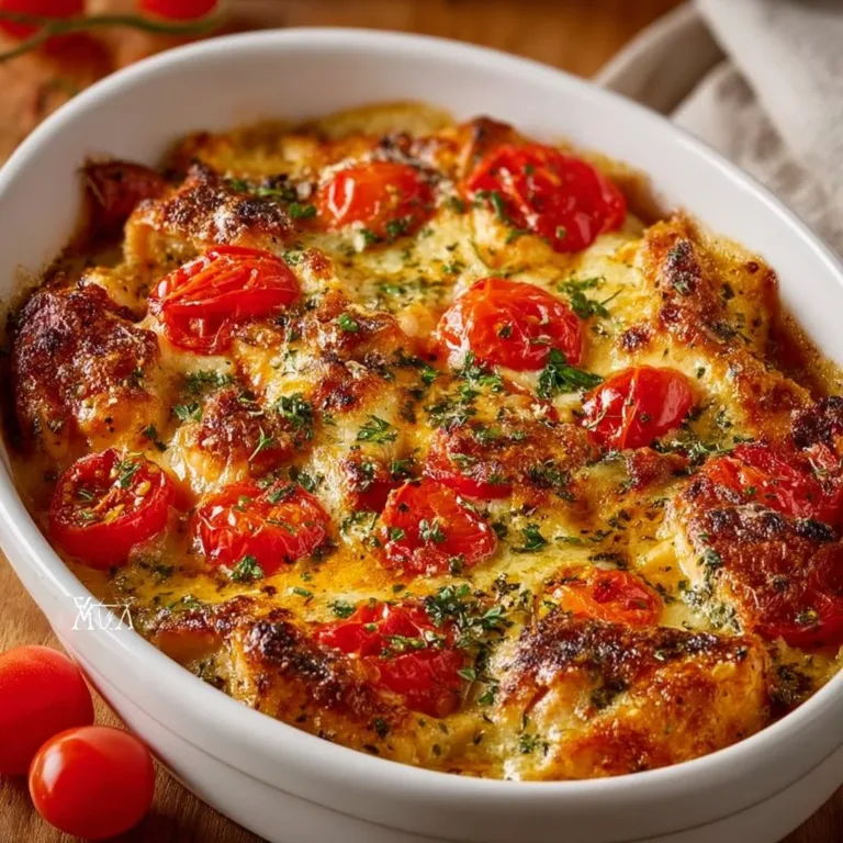 Clean Eats Bruschetta Chicken Casserole topped with fresh tomatoes and herbs