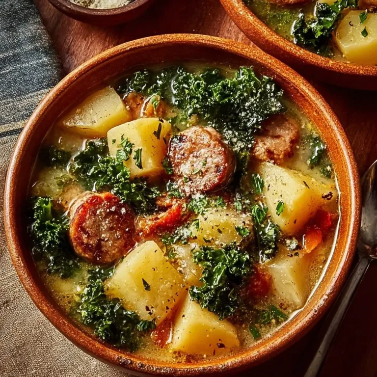 Bowl of cozy sausage potato soup garnished with herbs