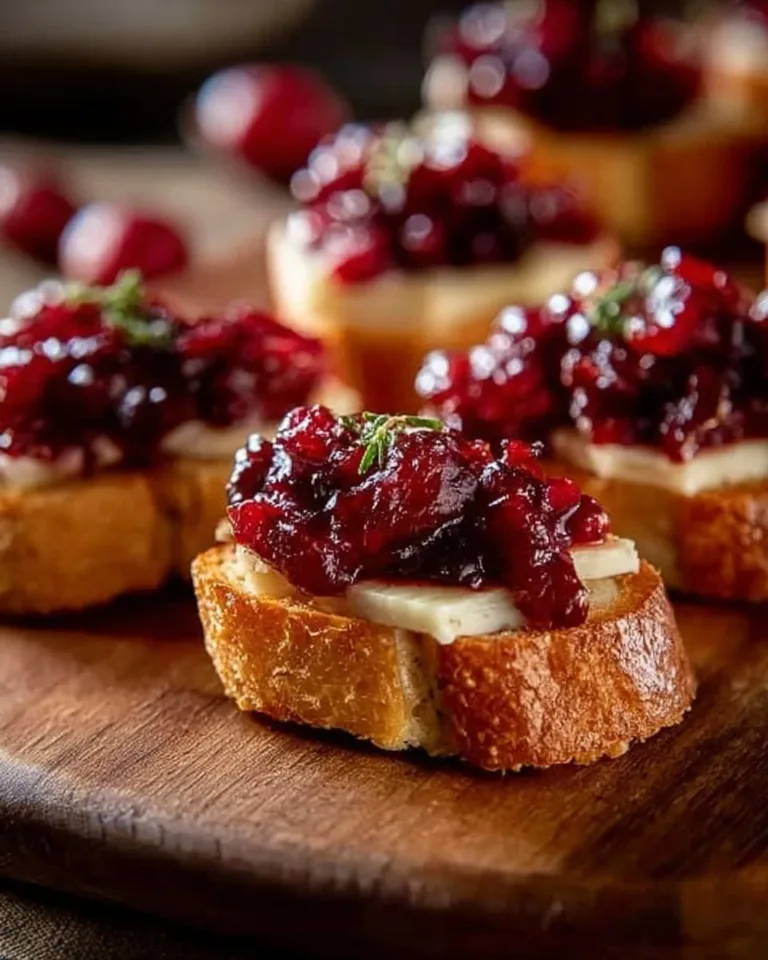 Delicious Cranberry Brie Toasts served on a wooden platter with garnish.