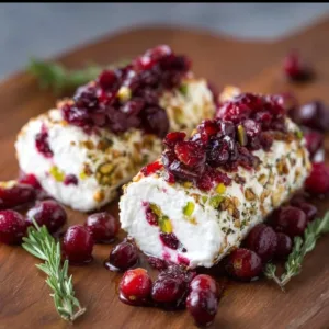 Cranberry Goat Cheese Logs served on a wooden platter with fresh herbs
