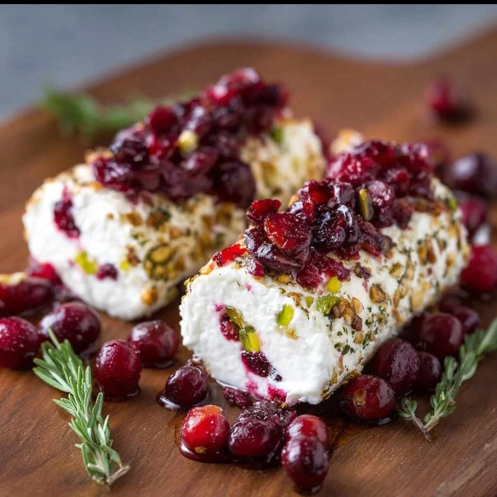 Cranberry Goat Cheese Logs served on a wooden platter with fresh herbs