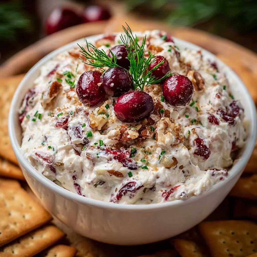 Cranberry Pecan Snowflake Cream Cheese Dip served in a festive bowl