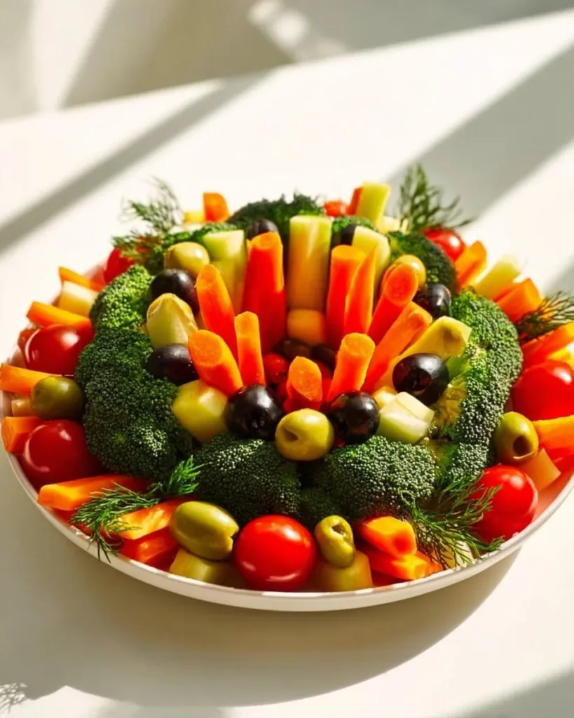 Colorful veggie wreath decorated with fresh vegetables for festive occasions.