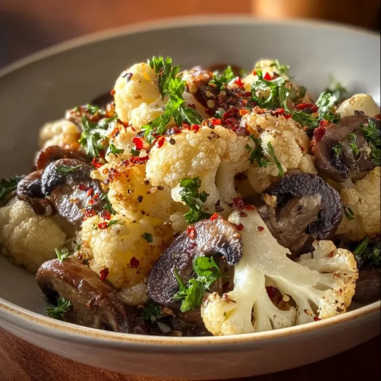 Delicious garlic cauliflower mushroom skillet with fresh herbs and spices.