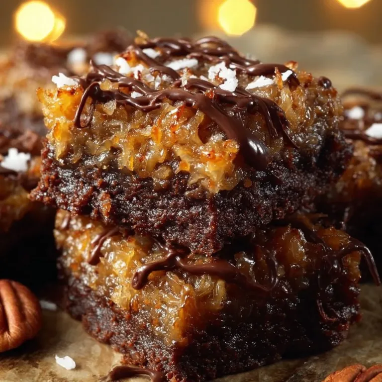 German chocolate pecan brownies topped with creamy frosting and pecans