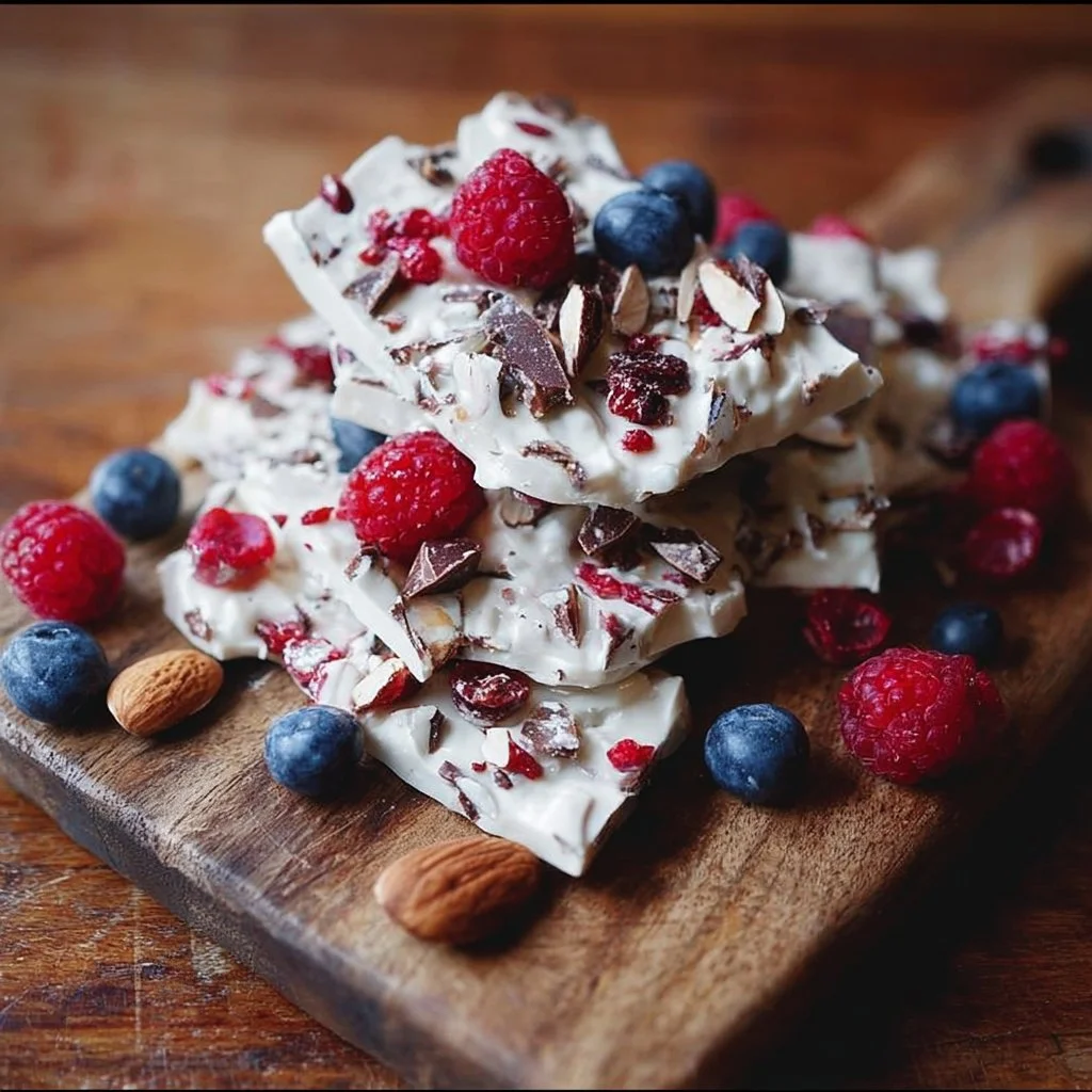 Greek Yogurt Protein Bark topped with nuts and seeds on a wooden board