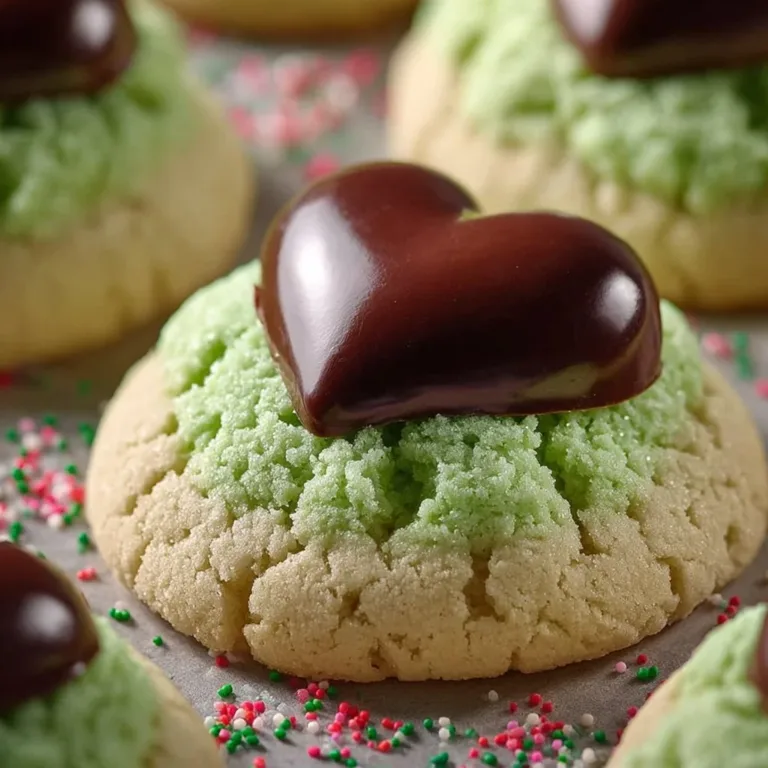Delicious Grinch cookies topped with Hershey's Kiss for holiday baking.