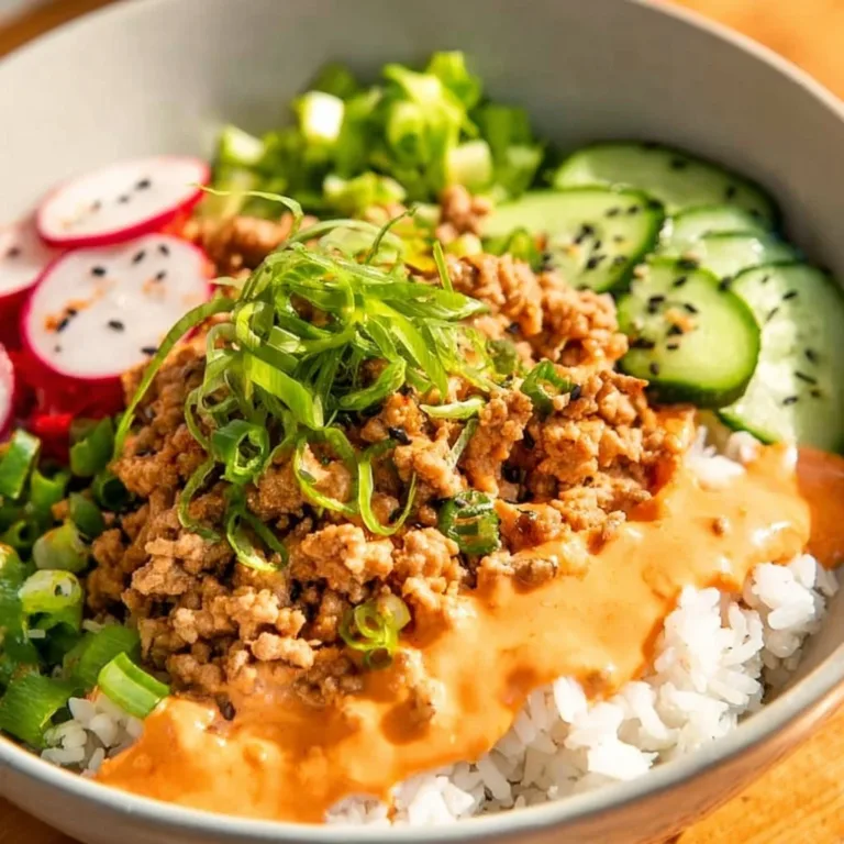 Ground turkey rice bowls with homemade Bang Bang sauce and fresh ingredients.