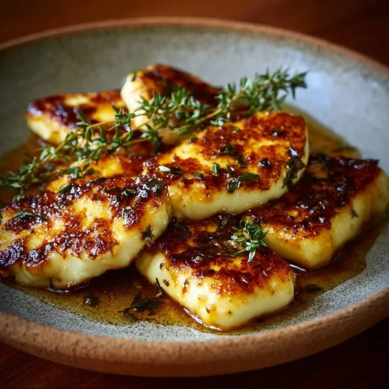 Grilled Halloumi served with honey drizzle and fresh thyme sprigs
