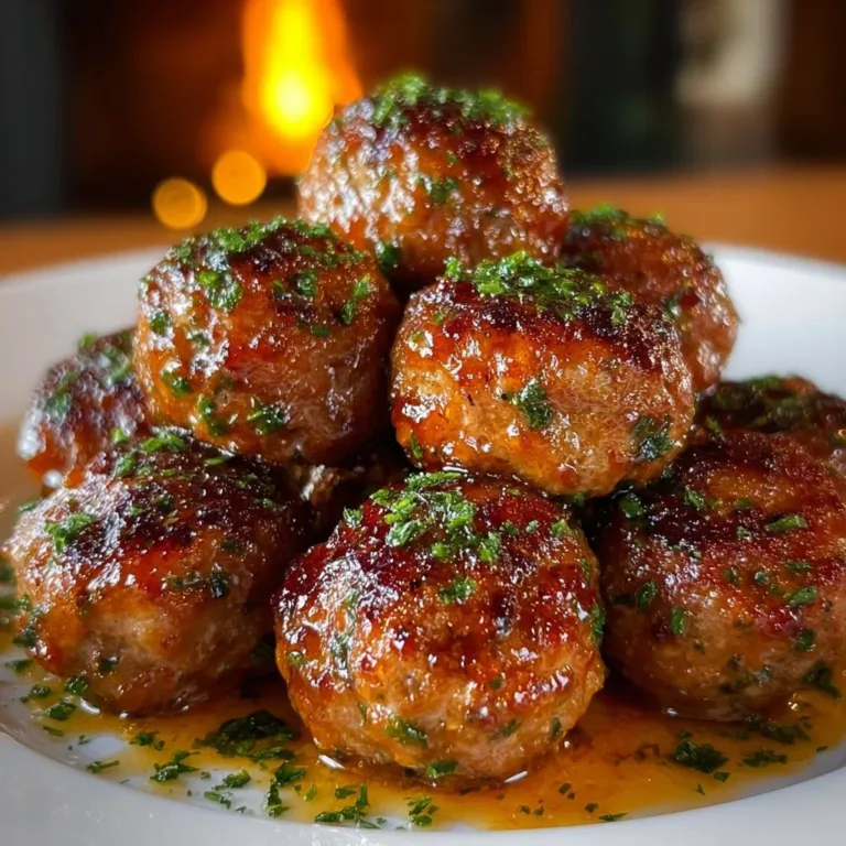 Healthy apple cider turkey meatballs served on a plate with fresh herbs.