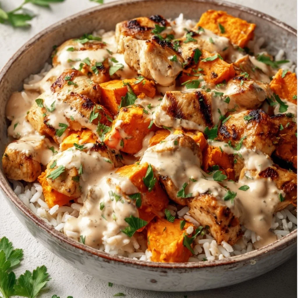Healthy chicken and sweet potato rice bowl, nutritious meal option
