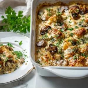 Keto Chicken Mushroom Casserole topped with cheese and herbs, perfect for low-carb meals.
