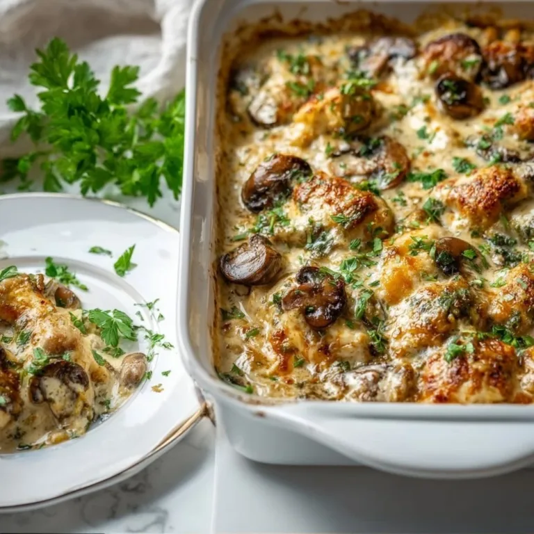 Keto Chicken Mushroom Casserole topped with cheese and herbs, perfect for low-carb meals.