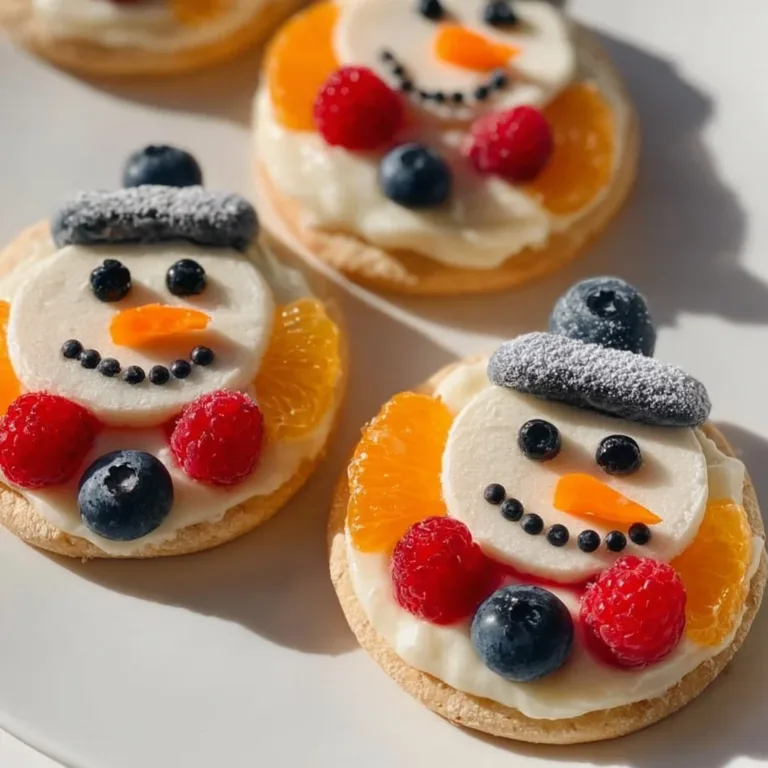 Melting Snowman Fruit Pizza topped with colorful fruits and a snowy design