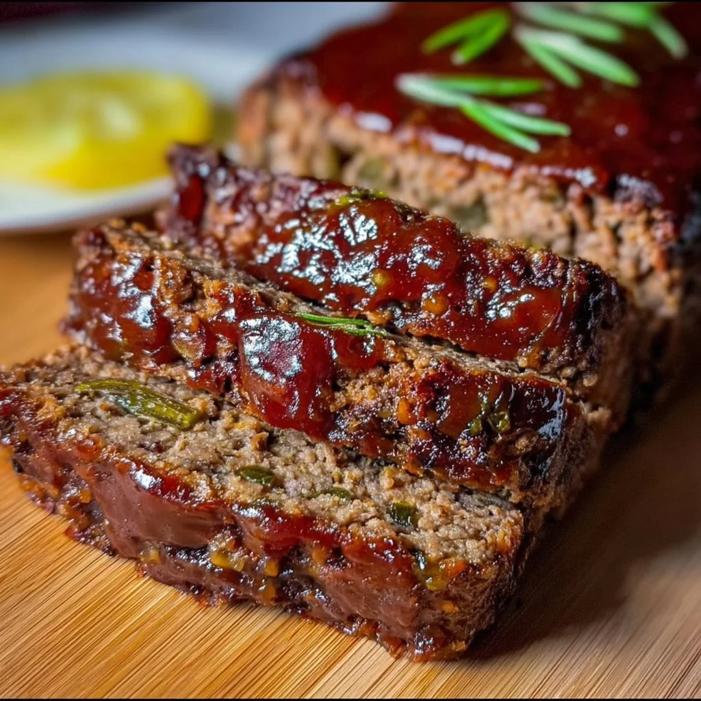 Savory bison meat loaf served with fresh herbs and vegetables