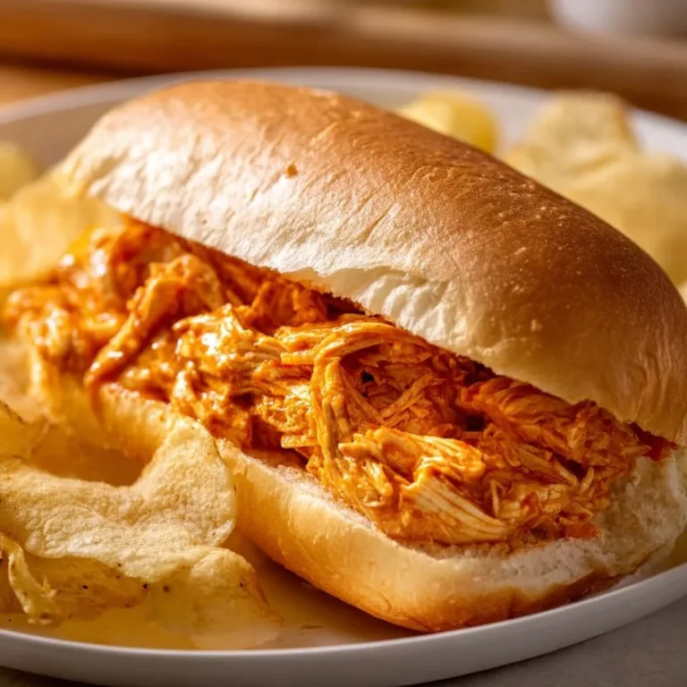 Slow Cooker Buffalo Chicken Sandwich ready to serve on a plate