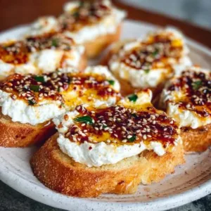 Sweet and Spicy Whipped Feta Crostini topped with herbs and spices.